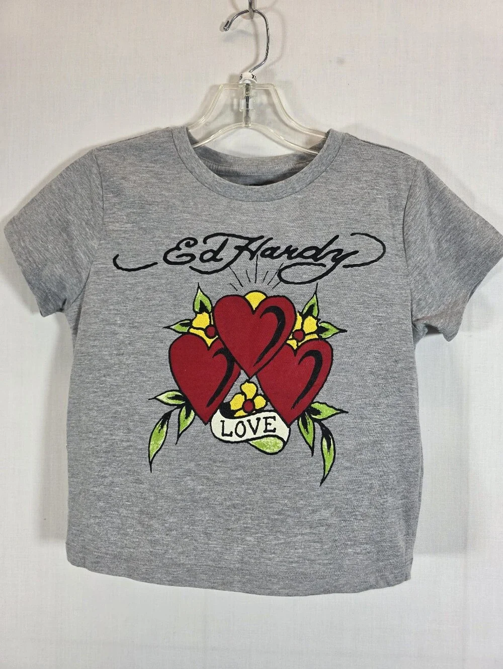Ed Hardy Graphic Tee Medium Grey Tattoo Love Hearts Y2K Short Sleeve Shirt